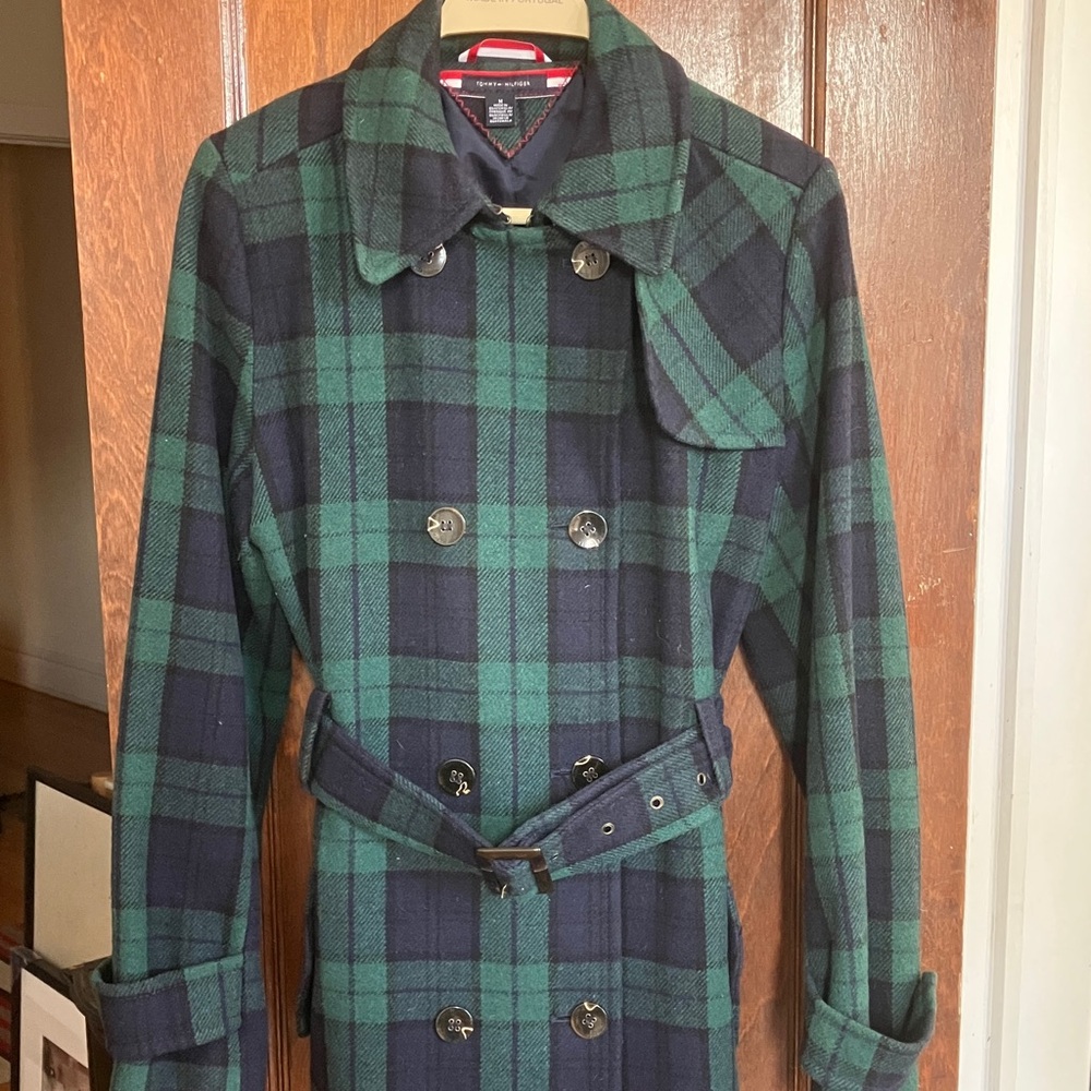 Tommy Hilfiger Womans Green and Black Watch Plaid Wool Coat